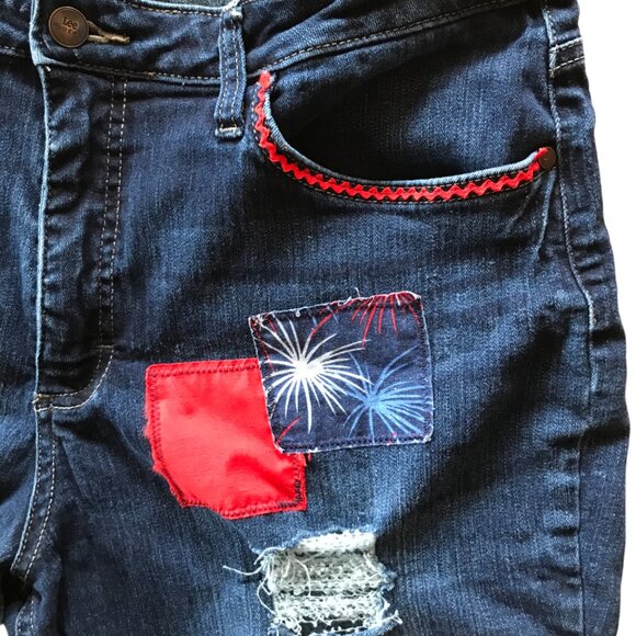 Upcycled Ripped Denim Cutoff Jean Shorts, Fireworks Patriotic Patchwork, Size 16 - Picture 5 of 13
